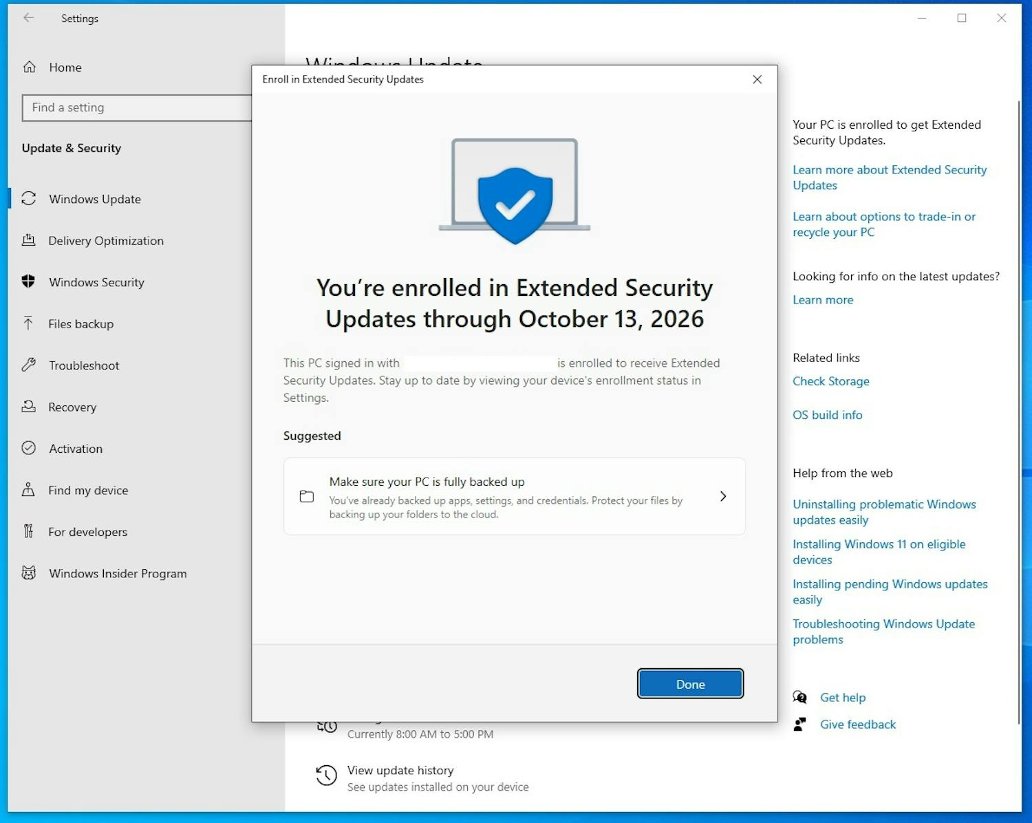 Utenfor EU/EØS vil du få beskjed om at pc-innstillingene må synkroniseres med Microsofts servere når du har registrert deg for ESU-programmet. Dette kravet gjelder altså ikke i EU/EØS, så du kan fortsette å bruke Windows 10 uten ytterligere krav. Utenfor EU/EØS vil du få beskjed om at pc-innstillingene må synkroniseres med Microsofts servere når du har registrert deg for ESU-programmet. Dette kravet gjelder altså ikke i EU/EØS, så du kan fortsette å bruke Windows 10 uten ytterligere krav.
